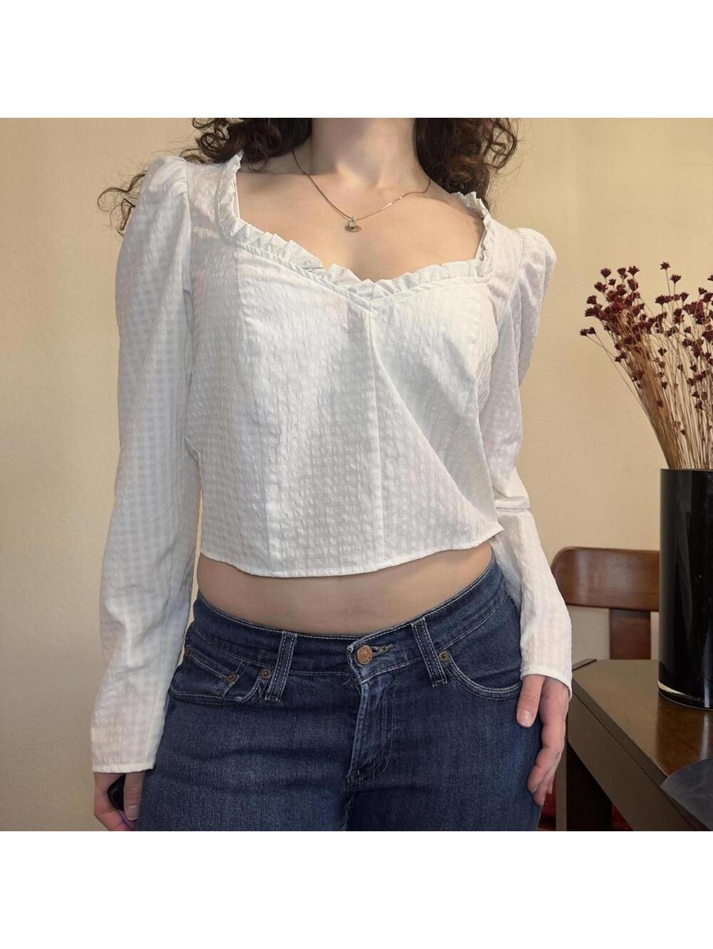 Topshop White Gingham Cropped Blouse Size 6 Long Puff Sleeves Ruffle Neckline